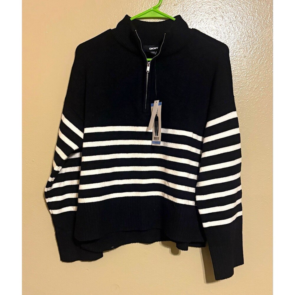 DKNY Women L Black/White Striped 1/4 Zip Mock Neck Knit Pullover Sweater NWT